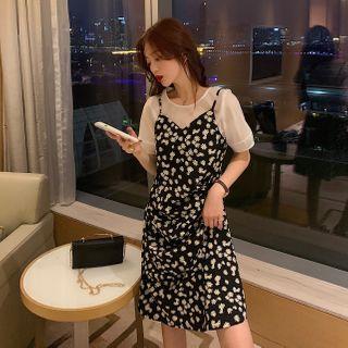 Short-sleeve Top / Spaghetti Strap Floral Print Mini A-line Dress