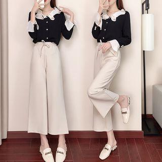 Set: Color Block Blouse + Drawstring Cropped Wide-leg Pants