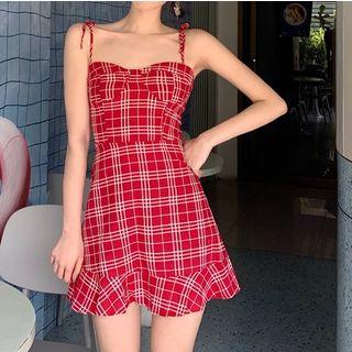 Plaid Sleeveless Ruffle-trim Dress Red - One Size