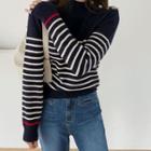 Button-shoulder Stripe Wool Blend Knit Top