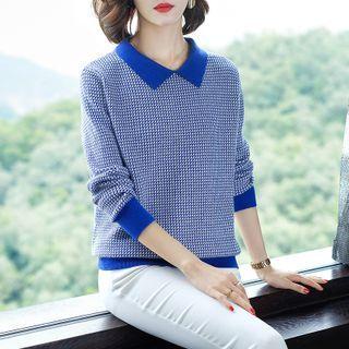 Collared Houndstooth Knit Top