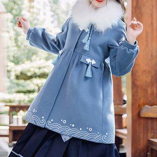 Faux-fur Trim Embroidered Trench Coat