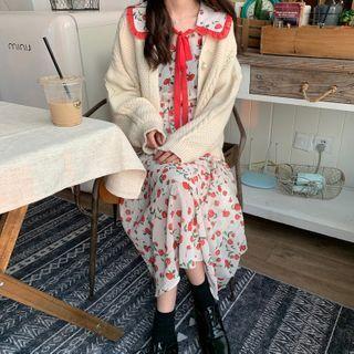 Cardigan / Long-sleeve Printed Midi A-line Dress