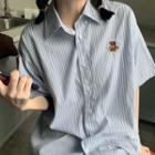 Bear Embroidered Pinstripe Short Sleeve Shirt Stripe - Blue - One Size