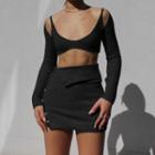 Set: Plain Ribbed Cropped Cardigan + Plain Ribbed Cropped Camisole + Plain Ribbed Side-slit High-waist Mini Skirt