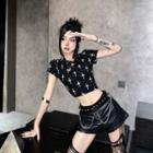 Short-sleeve Crisscross Print Crop T-shirt / Faux Leather Shorts / Chained Belt / Set