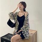 Long-sleeve Printed Shirt + Spaghetti Strap Split Dress