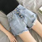 Single-breasted Ripped Wide-leg Denim Shorts