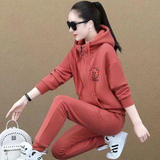 Set: Bear Embroidered Half-zip Hoodie + Sweatpants