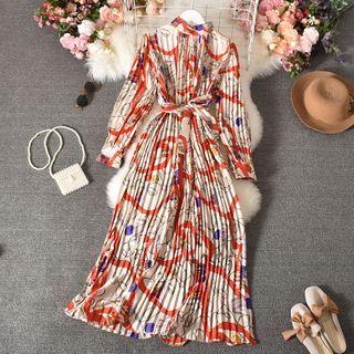 Long-sleeve Patterned Pleated Midi Dress White - One Size
