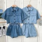 Set: Denim Crop Shirt / Wide-leg Denim Shorts