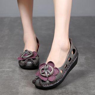 Flower Genuine Leather Kitten Wedges