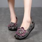 Flower Genuine Leather Kitten Wedges