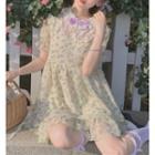 Long-sleeve Floral Printed Lace Panel Mini Dress Floral - One Size
