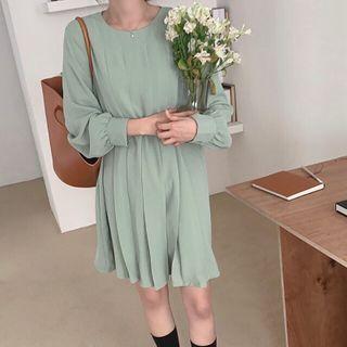 Long-sleeve Mini A-line Pleated Dress Green - One Size
