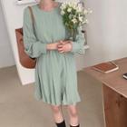 Long-sleeve Mini A-line Pleated Dress Green - One Size