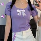 Ribbon Bow Accent Knit T-shirt Purple - One Size