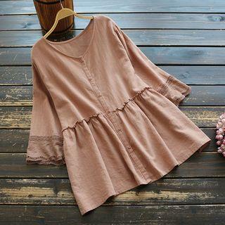 3/4-sleeve Lace Trim Buttoned Tunic