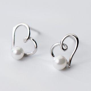 925 Sterling Silver Faux Pearl Heart Stud Earring