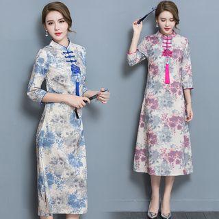 3/4-sleeve Floral Embroidered A-line Midi Dress