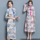 3/4-sleeve Floral Embroidered A-line Midi Dress