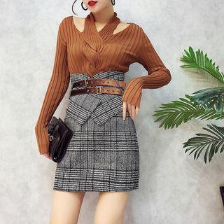 Set: Cut Out Knit Pullover + Plaid Fitted Skirt + Belt