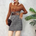 Set: Cut Out Knit Pullover + Plaid Fitted Skirt + Belt