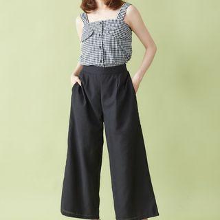 Set: Checked Camisole Top + Wide-leg Pants Black - One Size