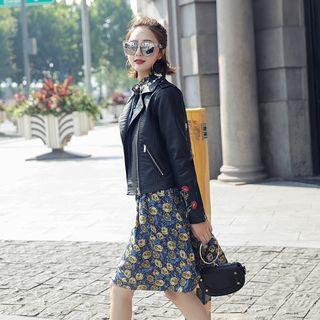 Faux-leather Embroidery Zip Jacket