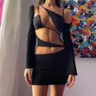 Long-sleeve Cold Shoulder Strappy Mini Bodycon Dress