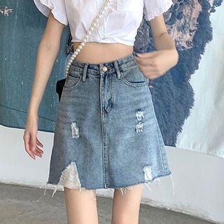 High-waist Frayed Loose Fit A-line Skirt
