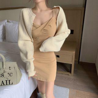Spaghetti-strap Mini Sheath Dress / Cardigan / Set