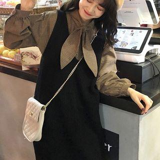 Plaid Lace-up Long-sleeve Blouse / Plain V-neck Knit Sleeveless Dress