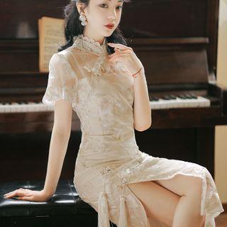 Short-sleeve Tassel Lace Trim Midi Qipao