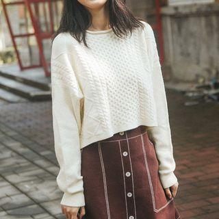 Cropped Cable Knit Sweater White - One Size