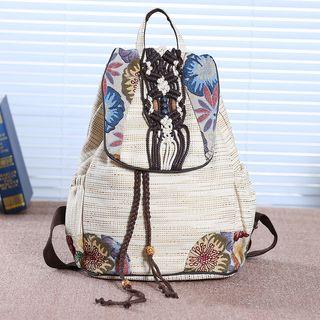 Woven Applique Cotton Blend Backpack Khaki - One Size