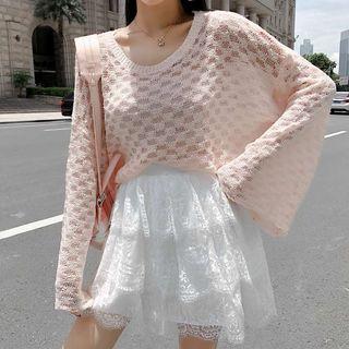 Set: Open Knit Sweater + Tiered Lace Miniskirt