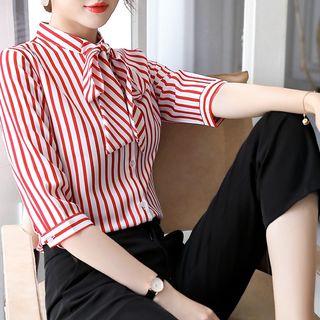 Elbow-sleeve Striped Ribbon Shirt / Dress Pants / Mini Pencil Skirt / Set