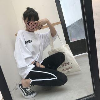 Number Print 3/4-sleeve T-shirt / Contrast Trim Skinny Pants