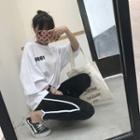 Number Print 3/4-sleeve T-shirt / Contrast Trim Skinny Pants