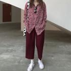 Leopard Print Long-sleeve Loose-fit Shirt / Plain Loose-fit Pants