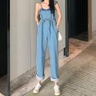 Spaghetti-strap Denim Jumper Pants / Spaghetti-strap Plain Cropped Top