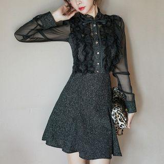 Set: Ruffle Trim Mesh Panel Blouse + Mini A-line Skirt