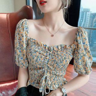 Short-sleeve Floral Print Shirred Drawstring Crop Top