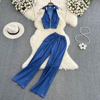 Set: Zip Front Denim Tank Top + Wide Leg Pants