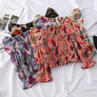 Long-sleeve Frill Trim Floral Chiffon Top