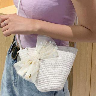 Mesh Bow Woven Crossbody Bag