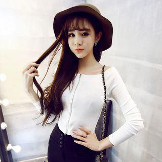 Off Shoulder Long Sleeve Zip Knit Top