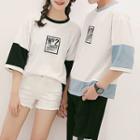 Couple Matching Printed Color Panel Elbow Sleeve T-shirt