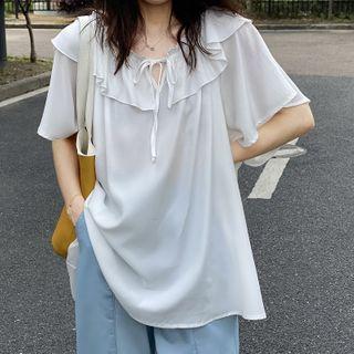 Ruffle Trim Tie-neck Short-sleeve Blouse